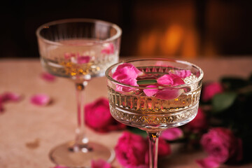Elegant coupe glasses with golden champagne and floating pink rose petals, set against a dreamy, glowing background.