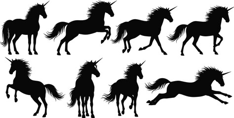 Unicorn silhouette set, fantasy horse poses, magical creature, black vector art, rearing, trotting, leaping, isolated design, mythical icon