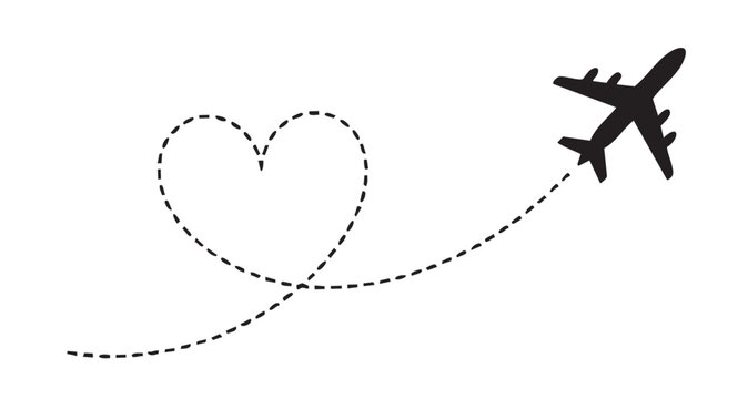 Airplane with Heart-Shaped Flight Path &ndash; Travel Romance, Love Journey, Aviation Route Icon