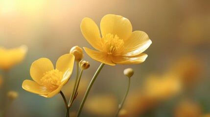 Beautiful Close-Up of Vibrant Yellow Buttercup Flowers in Soft Natural Light with Delicate Petals and Tender Green Stems Against a Dreamy Background