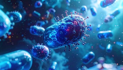 Microscopic view of virus particles floating in a blue liquid