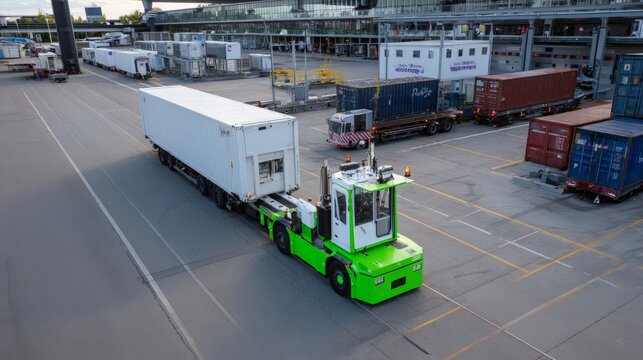 Autonomous yard truck maneuvering trailers in logistics hub for efficient cargo transport
