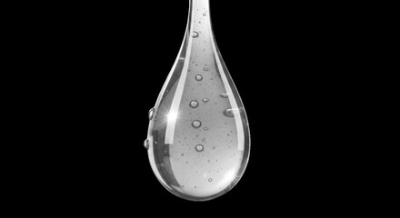 Clear liquid drop with bubbles against black background transparent water