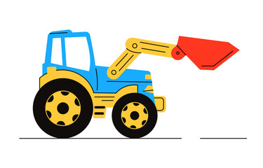 Tractor with a front loader. A simple, stylized vector illustration of a blue and yellow agricultural tractor. Ideal for construction, agricultural equipment, and children's transport designs