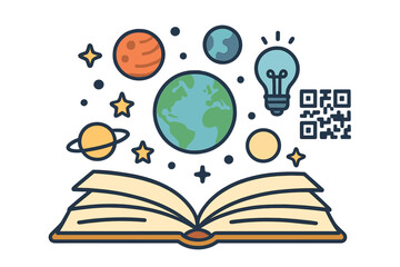 Open book with floating planets, stars, light bulb, and QR code representing education, science, and digital information