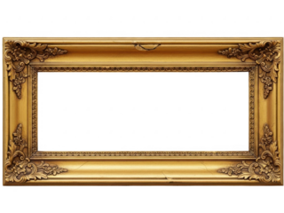 Ornate gold picture frame with intricate floral and leaf designs around the border isolated on transparent background