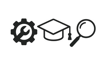 Set of conceptual icons for technical education, learning, research, and knowledge acquisition