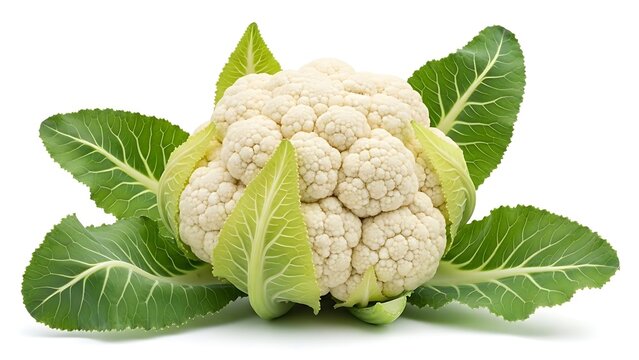 Fresh cauliflower head with vibrant green leaves isolated on a white background