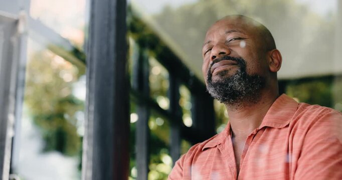Window, smile and thinking with black man in home for memory, vision or mindset with view. Reflection, daydreaming and happy mature person with peace, calm or thoughts in living room with low angle