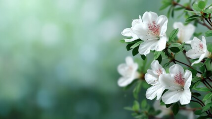 Fototapeta premium Delicate White Azalea Blossoms on Green Background Creating a Soft and Tranquil Atmosphere of Nature's Beauty and Serenity in Springtime Gardening