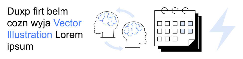 Productivity, planning, brainstorming, idea generation, time management, creativity. Brain diagrams with arrows, a calendar symbol and a lightning bolt. Productivity and planning