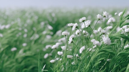 Fresh Blooming White Flowers Against a Soft Green Grass Field Under a Clear Sky, Nature's Beauty in Full Display, Ideal for Spring-Themed Projects