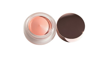 Open jar of peach cream blush with rose gold lid makeup cosmetic
