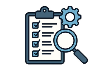 Quality assurance inspection checklist with magnifying glass and settings gear