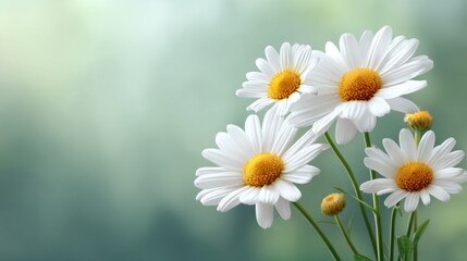 Bright white daisies with yellow centers blooming gracefully against a soft blurred green background, capturing the essence of spring and nature's beauty.