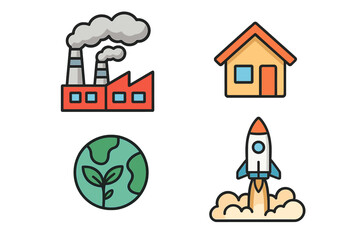 Naklejka premium Simple icons for industrial production, residential living, environmental protection, and space travel