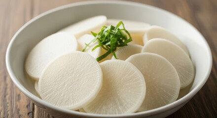 Fresh white daikon radish slices in a bowl with green garnish on a wooden table, a healthy Japanese culinary dish.