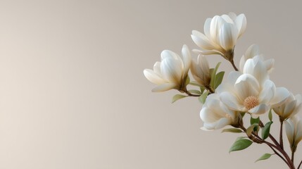 Fototapeta premium Elegant White Magnolia Flowers on Soft Beige Background, Perfect for Spring Themes, Wedding Decor, or Nature-Inspired Art Prints and Designs