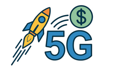 5G mobile network technology financial growth symbolized by rocket launch and dollar coin