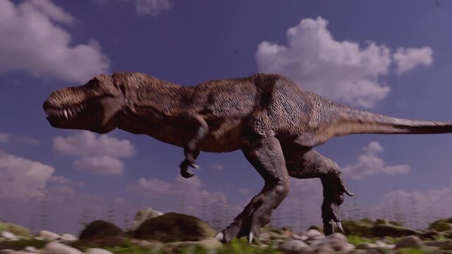 Running Tyrannosaurus Rex Dinosaur Predator in Action under Cloudy Sky