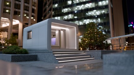 Futuristic smart warehouse pod with robotic retrieval system at night