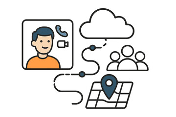 Global digital communication network path connecting video calls, cloud services, and location tracking
