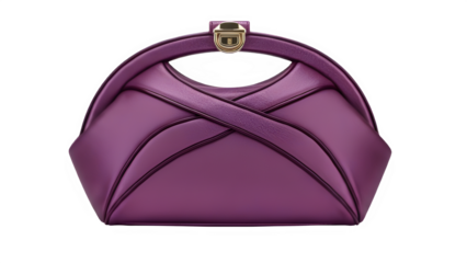Elegant purple satin clutch bag with unique curved handle design isolated on transparent background