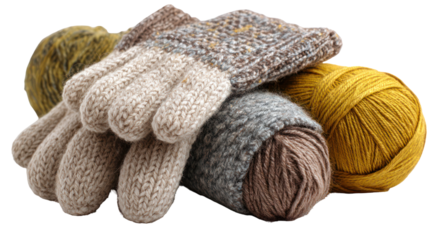 Knitted texture scarf, woolen gloves, and soft wool yarn arranged on transparent background