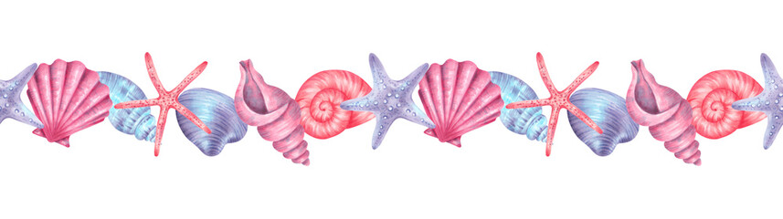 Seamless horizontal multicolored shell border. Watercolor illustrations of underwater elements a shell, scallop, clam, starfish. Hand drawn. Suitable for marine themed products, childrens goods