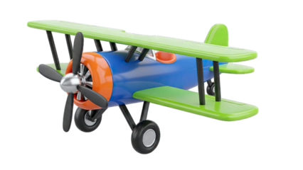 Colorful Biplane Toy with Orange Nose Green Wings and Blue Body on Transparent Background