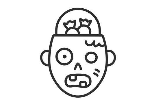 Spooky cartoon zombie head character holding Halloween candy and sweet treats