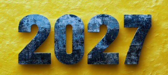 Grunge Textured Numbers 2027 on Vibrant Yellow Backdrop, Symbolizing Hope and New Beginnings