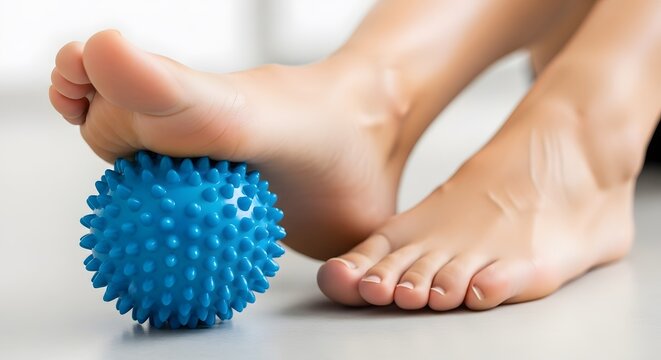 Woman massaging her sole of foot with spiked massage ball, self massage. Foot pain relief and relaxation. Self care and physical therapy concept.