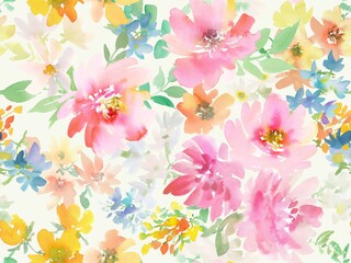 Watercolor floral seamless pattern with abstract hand painted pink and red peonies and colorful wild flowers for fabric, wall paper, gift wrapping, stationary and home decor