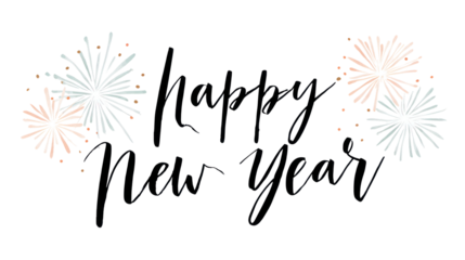 Minimalist black Happy New Year script with subtle pastel fireworks on transparent background