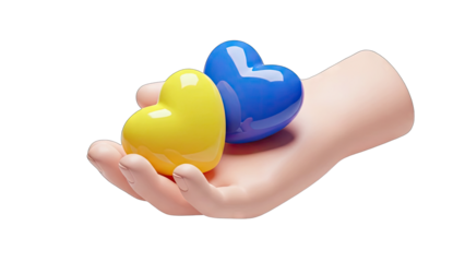 Hand Gently Holding Two Shiny Hearts One Yellow One Blue On A Black Background With Soft Lighting Symbolizing Hope Love And Support In A Digital Art Style