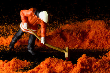 Tiny workers moving spice mountains miniature worker clearing path through orange spice powder