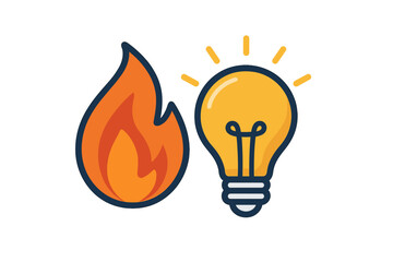 Conceptual icon showing a fiery flame beside a glowing light bulb symbolizing passion and ideas