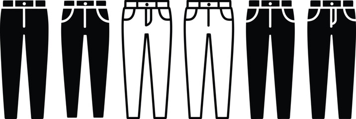 Collection of black and white vector icons representing different styles of pants or trousers on a white background