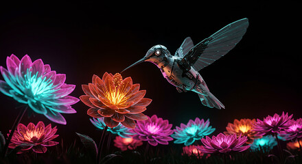 Fototapeta premium Futuristic Robotic Hummingbird Hovering Over Glowing Neon Flowers