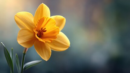 Fototapeta premium Vibrant Yellow Daffodil in Full Bloom Showcasing Delicate Petals Against a Softly Blurred Backdrop of Nature's Colors in a Serene Spring Setting