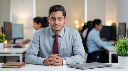 Confident Indian businessman working in a modern office environment