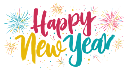 Playful colorful Happy New Year script with small decorative elements on transparent background
