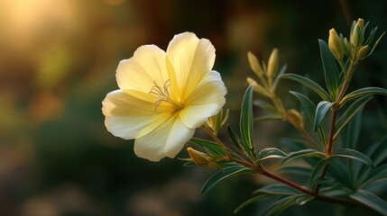 Obraz premium Delicate Yellow Flower Blooming in Soft Morning Light with Green Leaves and Natural Background, Beautiful Botanical Scene Captured in Nature