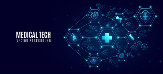 Medical hi-tech diagram featuring interconnected glowing hexagons with healthcare icons. Digital health background for medicine or scientific biotech presentation. Vector illustration.