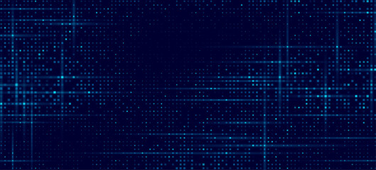Digital glowing blue pixels for Technology background. Big data signals of dotted pattern. Abstract glittering dots for scientific backdrop or blockchain concept. Vector illustration.