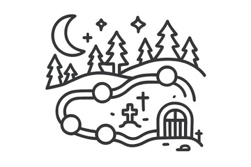 Naklejka premium Mysterious nighttime scene with forest, crescent moon, stars, path, and crypt entrance