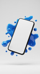 Smartphone Mockup with Blank Screen and Blue Liquid Splash 3D Illustration