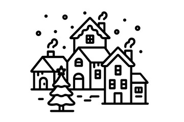 Cozy winter village scene with traditional houses, falling snow, and a decorated Christmas tree