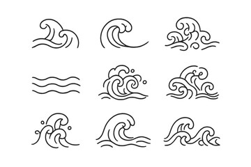 Collection of nine stylized ocean wave icons in simple black line art style for graphic design elements